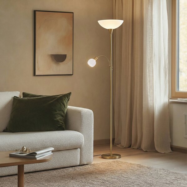 Lindby lampadar Elaina, lumină de lectură, culoarea alamei, 183cm E27, Auriu / Alamă, Camera de zi / sufragerie, Metal, Modern, Lumină de lectură