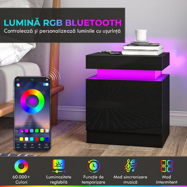 HOMCOM Set 2 Noptiere cu LED și 4 Moduri, 2 Sertare, Lemn, 45x35x52 cm, Negru Lucios | Aosom Romania