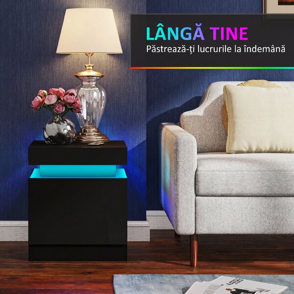 HOMCOM Set 2 Noptiere cu LED și 4 Moduri, 2 Sertare, Lemn, 45x35x52 cm, Negru Lucios | Aosom Romania