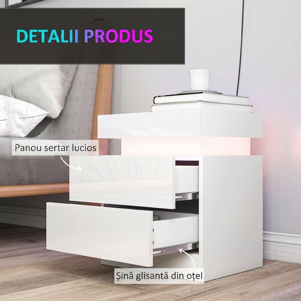 HOMCOM Set 2 Noptiere LED cu 4 Moduri, 2 Sertare, PAL, 45x35x52 cm, Alb Lucios | Aosom Romania