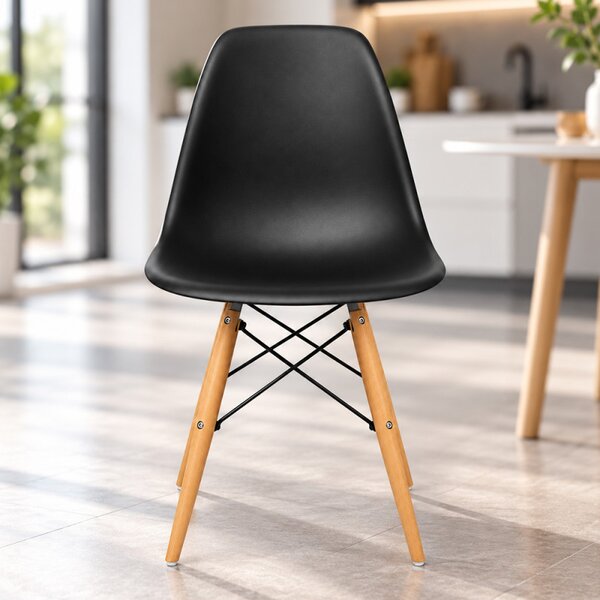 Scaun bucatarie si dining, stil scandinav, negru, picioare din lemn natur, spatar ergonomic, maxim 120 kg
