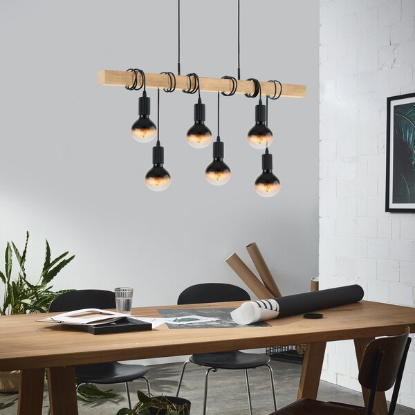 EGLO Townshend lampă suspendată cu lemn, șase surse, reglabil, Lemn, Camera de zi / sufragerie, Lemn, Design industrial