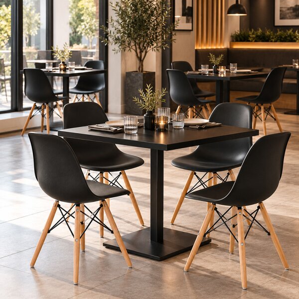 Scaun bucatarie si dining, stil scandinav, negru, picioare din lemn natur, spatar ergonomic, maxim 120 kg