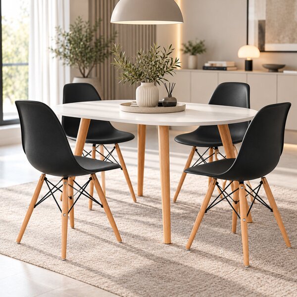 Scaun bucatarie si dining, stil scandinav, negru, picioare din lemn natur, spatar ergonomic, maxim 120 kg