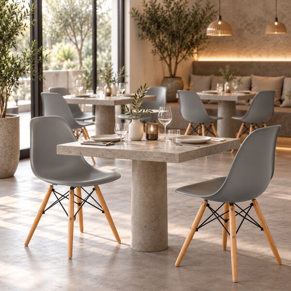 Scaun bucatarie si dining, stil nordic, gri, picioare din lemn natur, structura metalica, maxim 120 kg