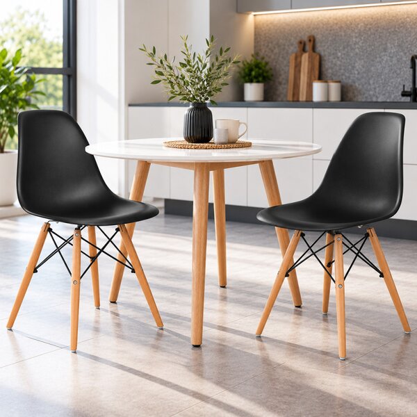 Scaun bucatarie si dining, stil scandinav, negru, picioare din lemn natur, spatar ergonomic, maxim 120 kg