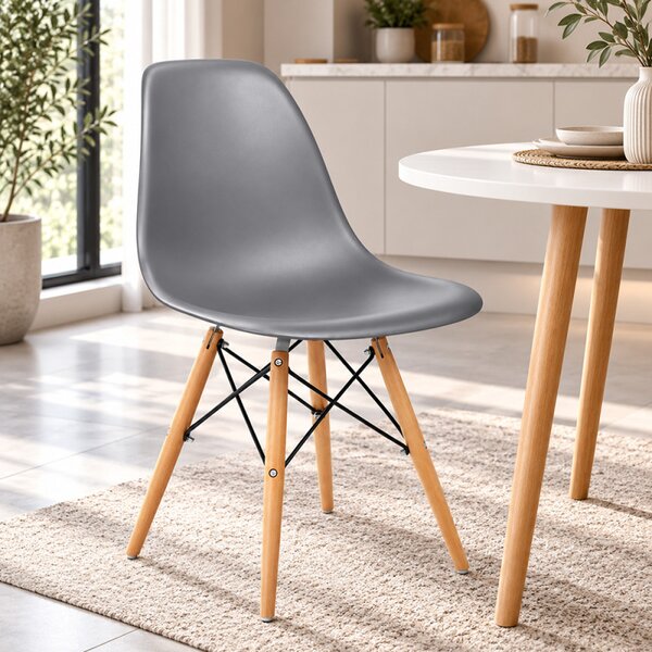 Scaun bucatarie si dining, stil nordic, gri, picioare din lemn natur, structura metalica, maxim 120 kg