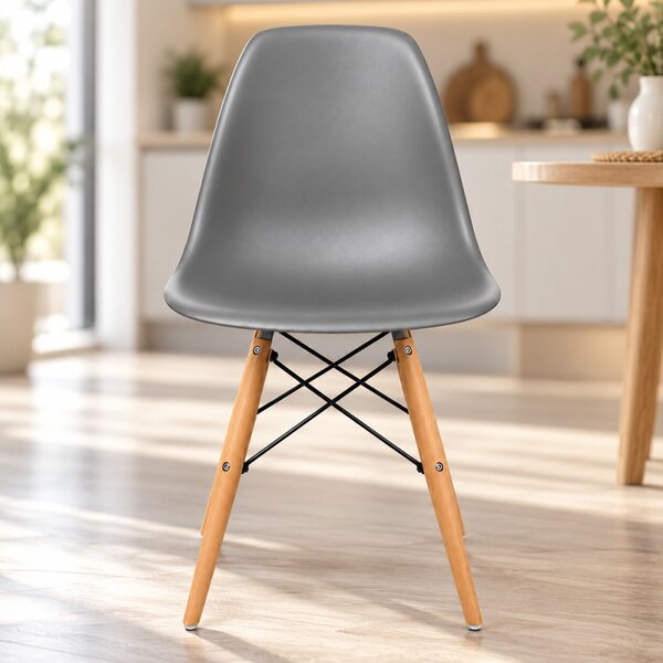 Scaun bucatarie si dining, stil nordic, gri, picioare din lemn natur, structura metalica, maxim 120 kg