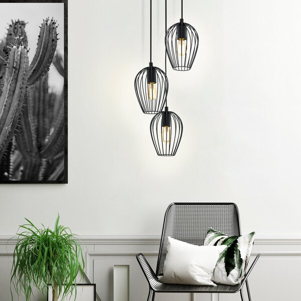 EGLO Newtown lampă suspendată, neagră, 3 surse, rotundă, reglabil, Negru, Camera de zi / sufragerie, Metal, Vintage