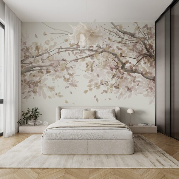Tapet Ramuri de flori cu frunze bej, culori moi, detalii delicate, stil acuarelă, pe un, Fototapet pădure, Fototapet copaci, w08867v1 : Uwalls.ro