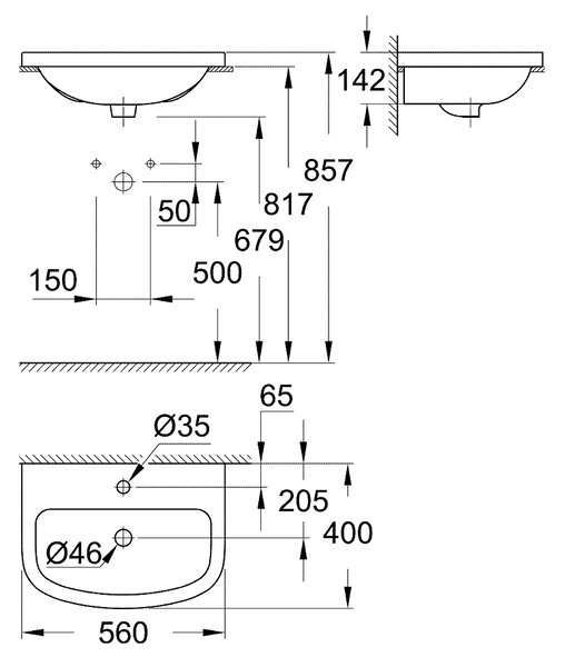 Grohe Bau Ceramic lavoar 56x40 cm semicircular încastrat alb luciu 39422000