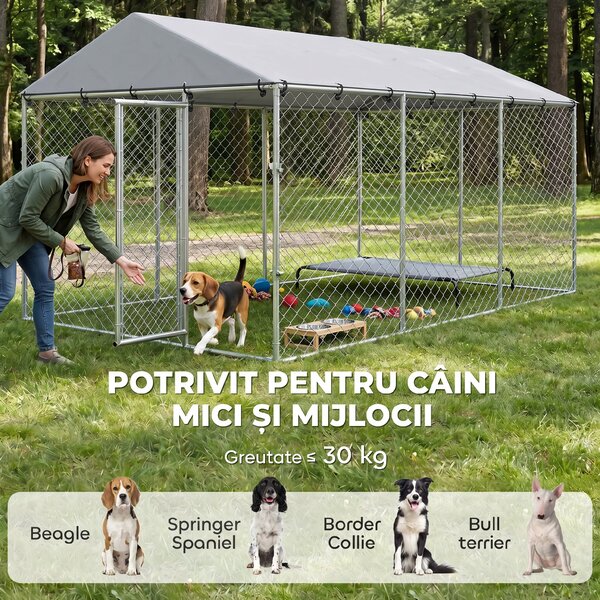 PawHut Împrejmuire pentru Câini cu Acoperiș Impermeabil, 4x2,3x2 m, Argintiu | Aosom Romania