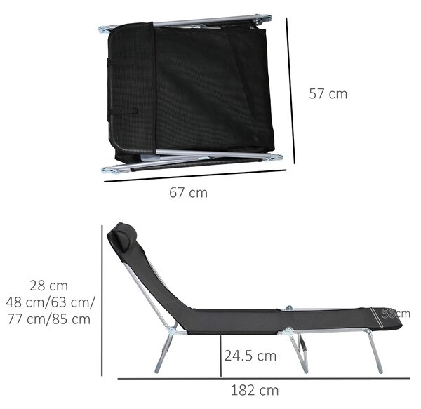 Outsunny Șezlong Pliabil cu Spătar Reglabil pe 5 Nivele și Pernă, Șezlong de Grădină cu Material Respirabil Textilen, pentru Plajă, Piscină, Grădină, 182x56x28 cm, Negru | Aosom Romania