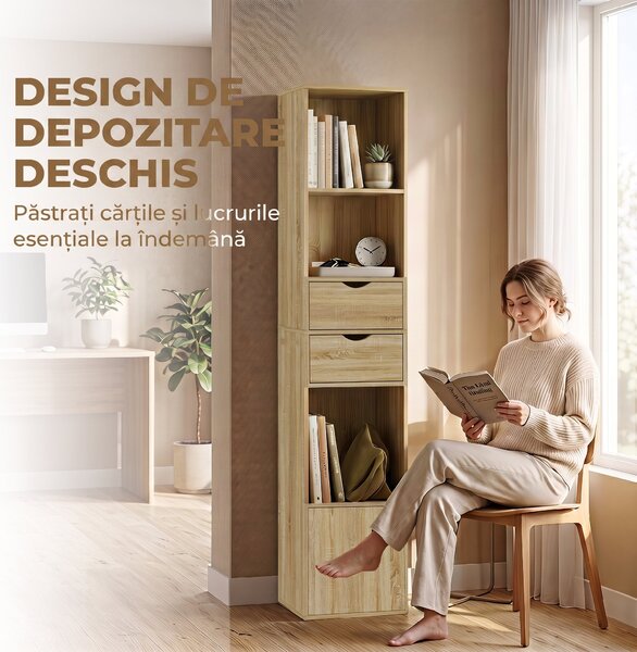 HOMCOM Bibliotecă Îngustă cu 6 Rafturi, Sertare, Ușă și Polițe Deschise, 30x24x158 cm, Stejar | Aosom Romania