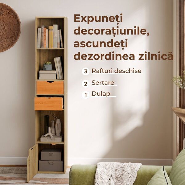 HOMCOM Bibliotecă Îngustă cu 6 Rafturi, Sertare, Ușă și Polițe Deschise, 30x24x158 cm, Stejar | Aosom Romania