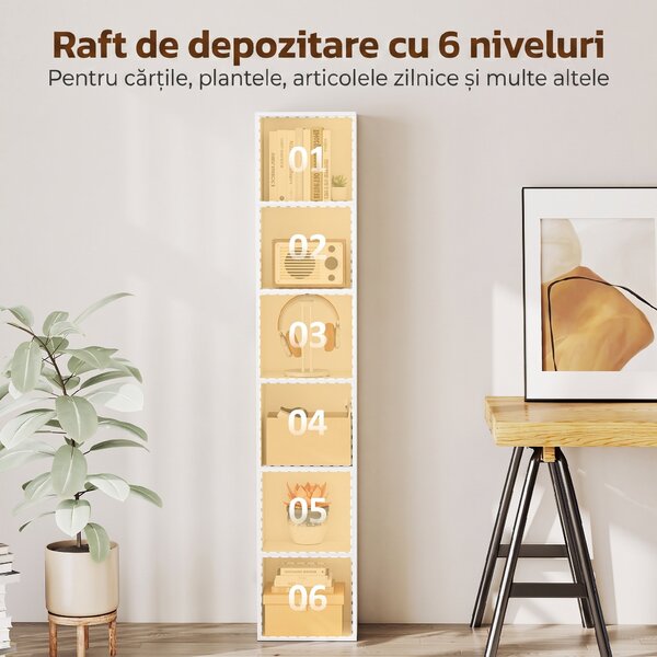 HOMCOM Bibliotecă Autoportantă și care Economisește Spațiu, 30x24x159 cm, Culoare Alb | Aosom Romania