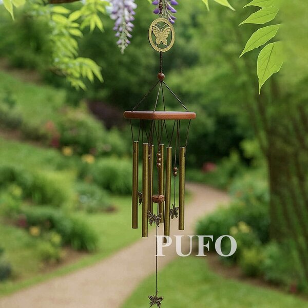 Clopotel de vant cu 6 tuburi sonore metalice pentru casa sau gradina, model cu fluturi