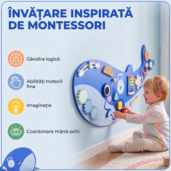 AIYAPLAY Panou Montessori de Perete pentru Copii de peste 2 Ani, Albastru | Aosom Romania