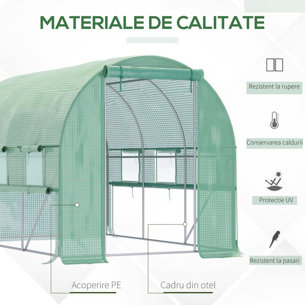 Outsunny Sera de Grădină Tip Tunel 3x2x2 m cu Ușă Rulabilă și 6 Ferestre cu Plasă, Sera pentru Grădină cu Structură din Oțel și Acoperire PE, pentru Legume, Flori, Fructe, Anti UV, Verde | Aosom Romania