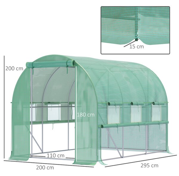 Outsunny Sera de Grădină Tip Tunel 3x2x2 m cu Ușă Rulabilă și 6 Ferestre cu Plasă, Sera pentru Grădină cu Structură din Oțel și Acoperire PE, pentru Legume, Flori, Fructe, Anti UV, Verde | Aosom Romania