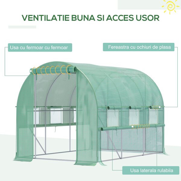 Outsunny Sera de Grădină Tip Tunel 3x2x2 m cu Ușă Rulabilă și 6 Ferestre cu Plasă, Sera pentru Grădină cu Structură din Oțel și Acoperire PE, pentru Legume, Flori, Fructe, Anti UV, Verde | Aosom Romania