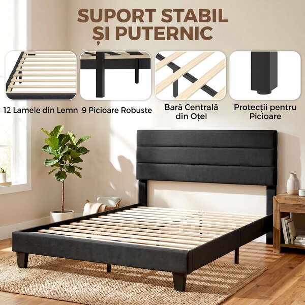HOMCOM Cadru de Pat Dublu cu Lamele, 160x200cm, Negru | Aosom Romania