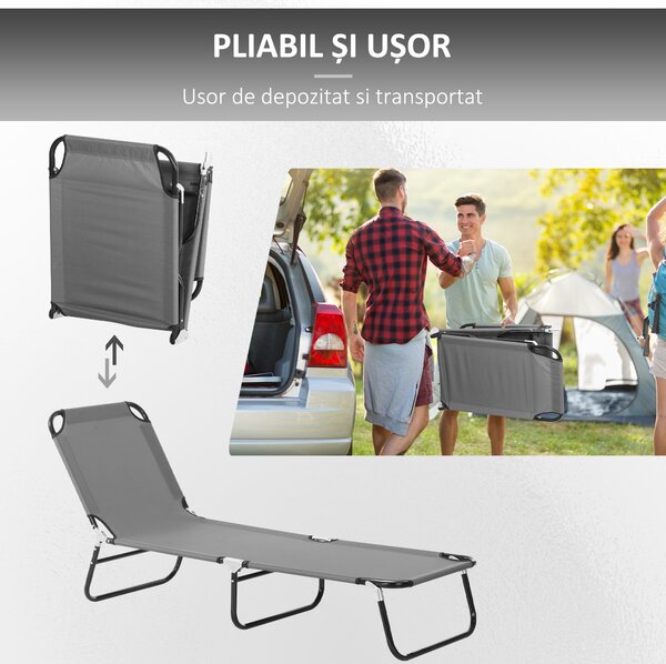 Outsunny Șezlong Pliabil cu Spătar Reglabil în 5 Poziții, Scaun de Grădină cu Material Respirable Oxford, Ideal pentru Plajă, Piscină, Grădină, 188x56x28 cm, Gri | Aosom Romania