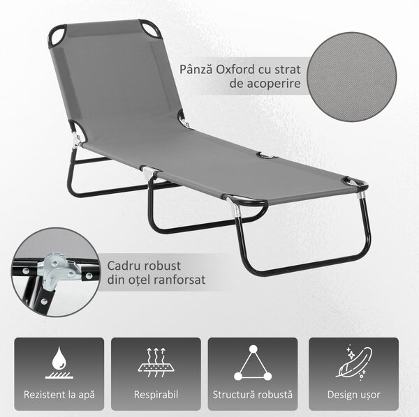 Outsunny Șezlong Pliabil cu Spătar Reglabil în 5 Poziții, Scaun de Grădină cu Material Respirable Oxford, Ideal pentru Plajă, Piscină, Grădină, 188x56x28 cm, Gri | Aosom Romania