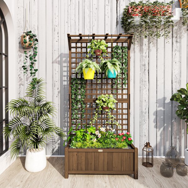 Outsunny Jardinieră Ridicată de Exterior cu Spalier și Bară Superioară, Ghiveci din Lemn de Brad cu Orificii de Drenaj pentru Flori și Legume, Ideală pentru Grădină și Balcon, Maro Închis | Aosom Romania