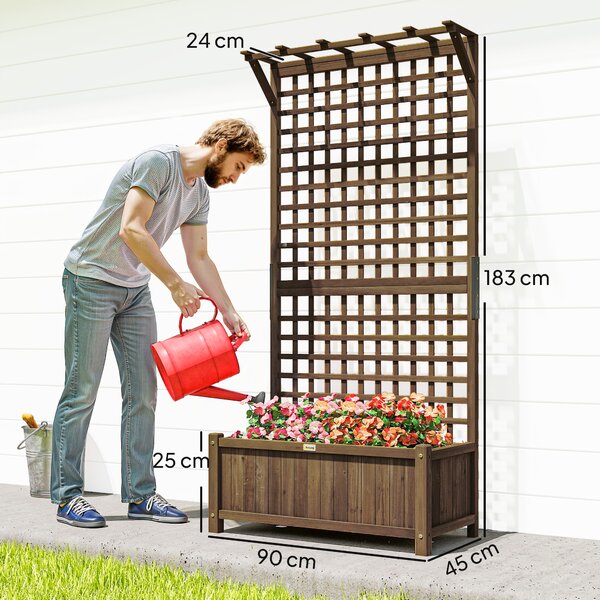 Outsunny Jardinieră Ridicată de Exterior cu Spalier și Bară Superioară, Ghiveci din Lemn de Brad cu Orificii de Drenaj pentru Flori și Legume, Ideală pentru Grădină și Balcon, Maro Închis | Aosom Romania