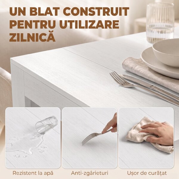 HOMCOM Masă Extensibilă Convertibilă în Consolă pentru 10 Persoane, PAL, Oțel, 240 x 90 x 78 cm, Alb | Aosom Romania