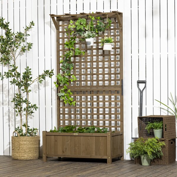 Outsunny Jardinieră Ridicată de Exterior cu Spalier și Bară Superioară, Ghiveci din Lemn de Brad cu Orificii de Drenaj pentru Flori și Legume, Ideală pentru Grădină și Balcon, Maro Închis | Aosom Romania