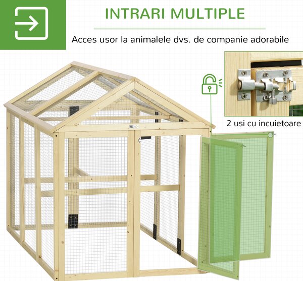 PawHut Adăpost pentru Găini de Exterior din Lemn, Cușcă cu Uși Multiple și Plasă Metalică, 140x88.5x106 cm, culoare Lemn | Aosom Romania