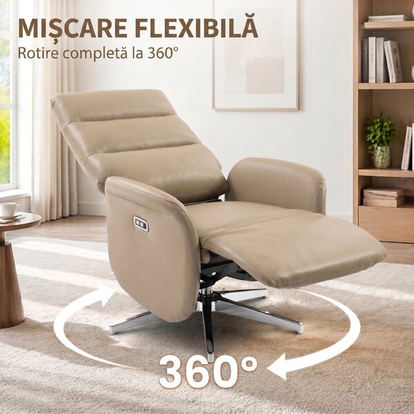 HOMCOM Fotoliu Electric Reclinabil și Rotativ cu Suport pentru Picioare, USB, Maro | Aosom Romania