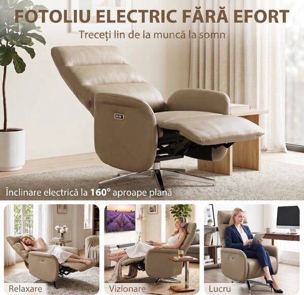 HOMCOM Fotoliu Electric Reclinabil și Rotativ cu Suport pentru Picioare, USB, Maro | Aosom Romania