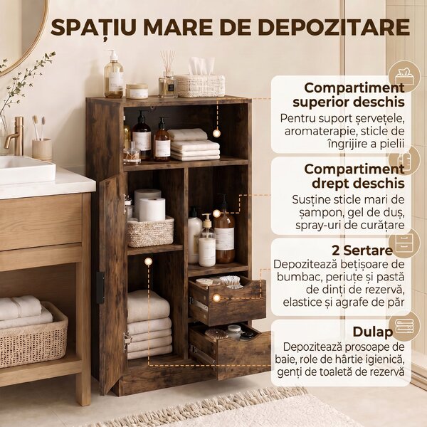 HOMCOM Dulap Baie Îngust cu 2 Sertare și Rafturi Reglabile pentru Bucătărie, Living, Hol, Maro Rustic | Aosom Romania