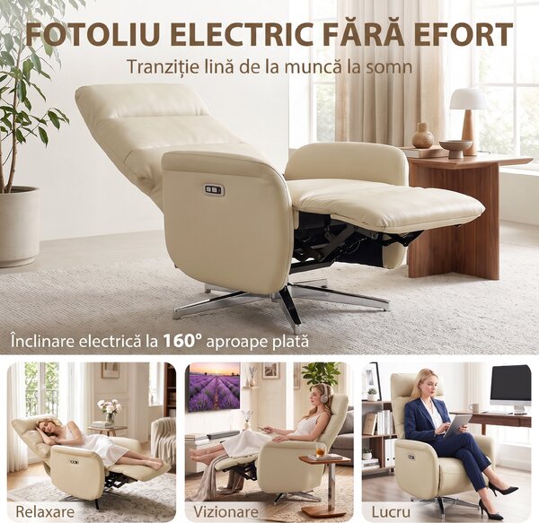 HOMCOM Fotoliu Reclinabil Electric, Rotativ, cu Suport pentru Picioare, USB, Bej | Aosom Romania
