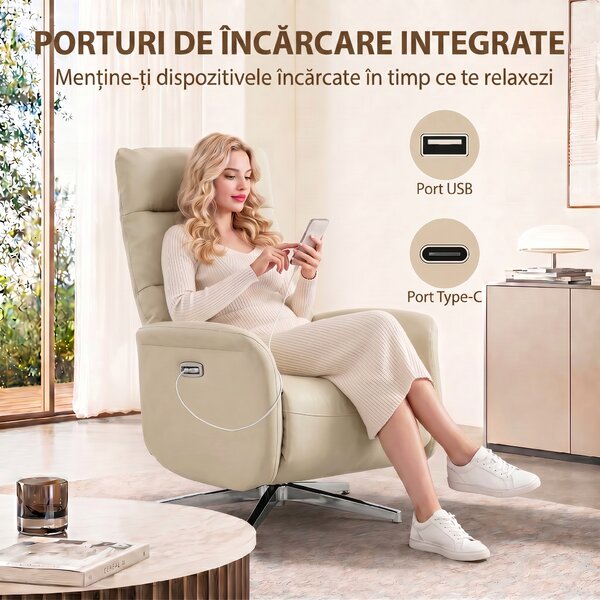HOMCOM Fotoliu Reclinabil Electric, Rotativ, cu Suport pentru Picioare, USB, Bej | Aosom Romania