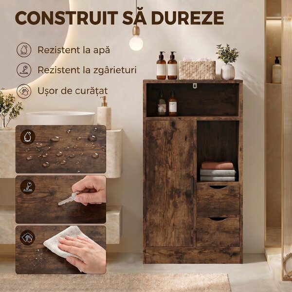 HOMCOM Dulap Baie Îngust cu 2 Sertare și Rafturi Reglabile pentru Bucătărie, Living, Hol, Maro Rustic | Aosom Romania
