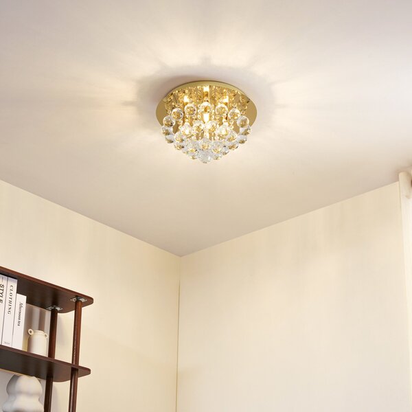 Lindby Plafonieră Gillion, 4 becuri, aur, cristal, Ø 35cm, reglabil, Auriu / Alamă, Camera de zi / sufragerie, Cristal, Design