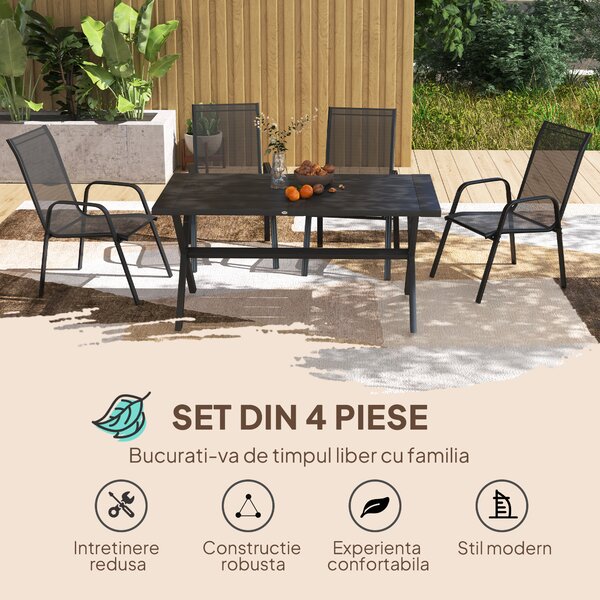 Outsunny Set 6 Piese Scaune de Gradina cu Cotiere, Scaune de Exterior Stivuibile din Metal si Tesatura Respirabila, Maro | Aosom Romania