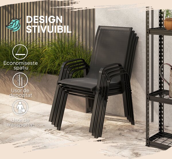 Outsunny Set 6 Piese Scaune de Gradina cu Cotiere, Scaune de Exterior Stivuibile din Metal si Tesatura Respirabila, Maro | Aosom Romania