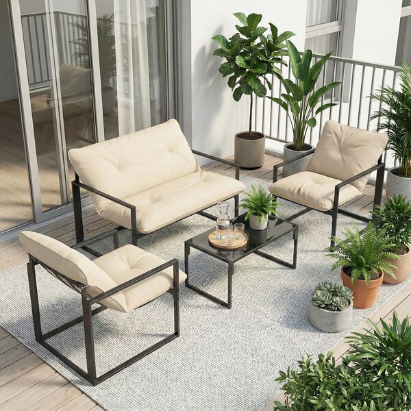 Outsunny Set Mobilier de Exterior cu Masă din Sticlă, Canapea, 2 Fotolii și Perne, Bej | Aosom Romania