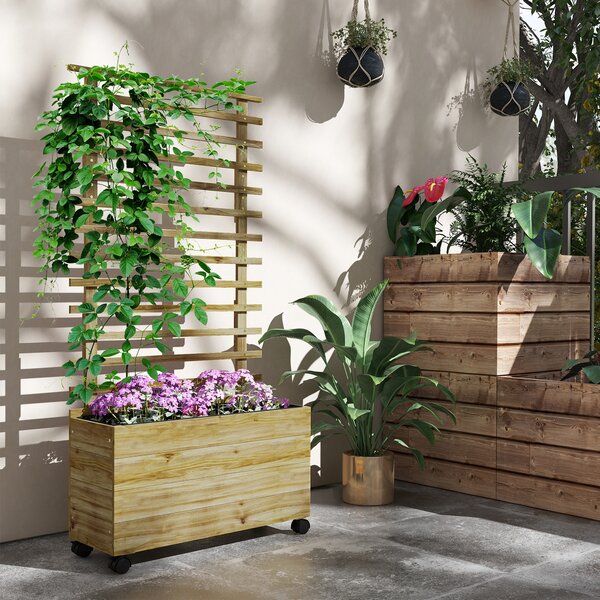Outsunny Jardiniera inaltata verticala cu 4 roti si suport pentru plantele cataratoare, din lemn de brad, 76x30x155cm, alb | Aosom Romania