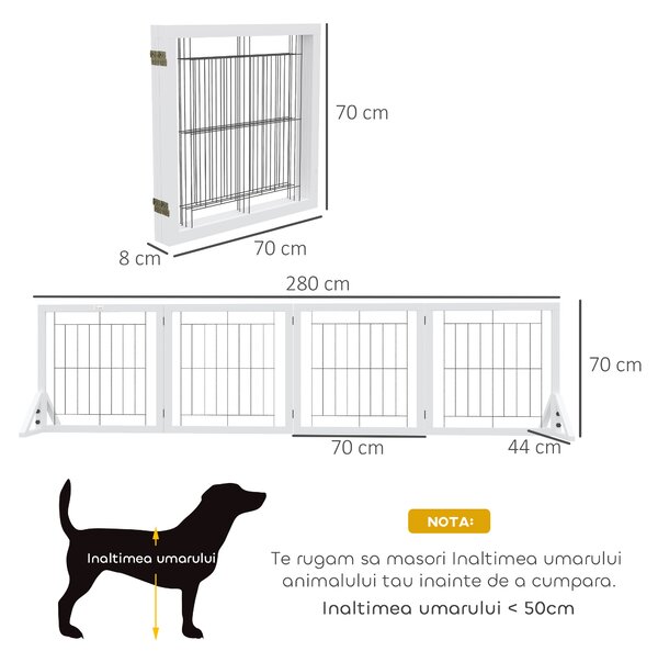 PawHut Poartă Pliabilă pentru Câini, Poartă de Siguranță pentru Animale și Căţei cu 4 Panouri și Picioare Triunghiulare, 280x70 cm, Alb | Aosom Romania
