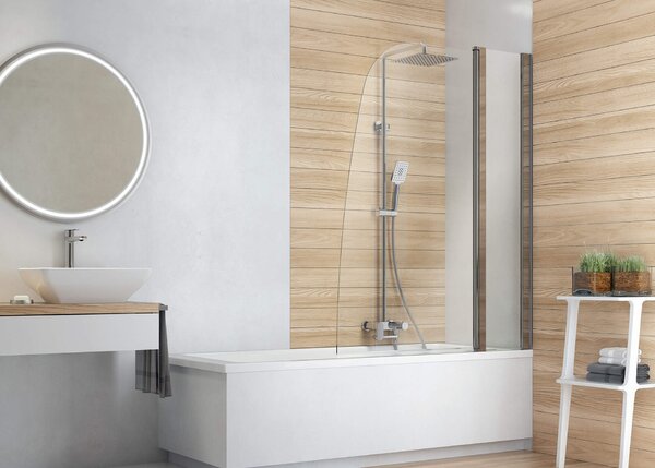 Deante Alpinia, paravan de baie 115x140 cm cu 1 aripă pivotant (85 cm pivotant, 30 cm fix), sticlă transparentă cu EasyClean, profil cromat, KGA_072P