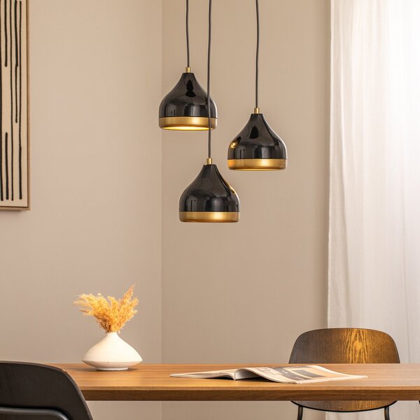 Opviq Lampă suspendată Yildo, 3 becuri, negru/auriu, rondel, Ø37 cm, reglabil, Negru, Camera de zi / sufragerie, Metal, Modern