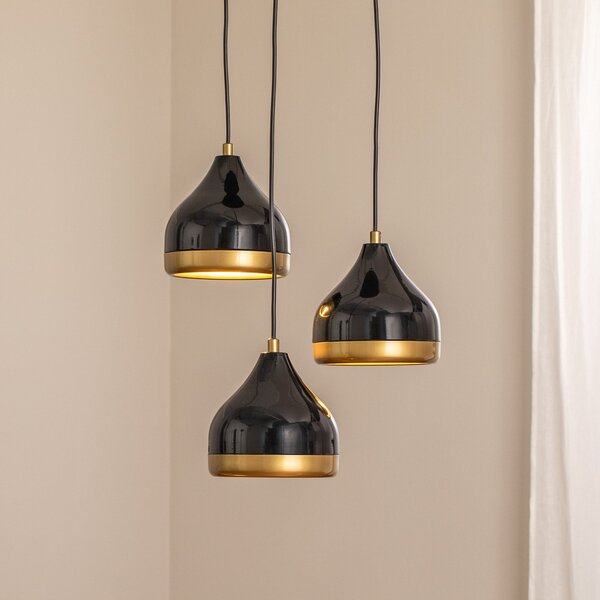 Opviq Lampă suspendată Yildo, 3 becuri, negru/auriu, rondel, Ø37 cm, reglabil, Negru, Camera de zi / sufragerie, Metal, Modern