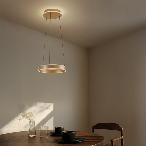 Lucande Lampă suspendată LED Tindra, Ø 40 cm, auriu, dimabil, reglabil, Auriu / Alamă, Camera de zi / sufragerie, Metal, Modern