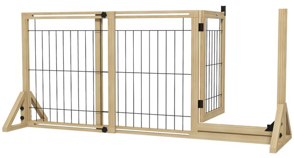 PawHut Gard Extensibil pentru Câini, Gard de Siguranță pentru Animale cu Ușă și 2 Panouri, Picioare Triangulare, 112-159x70 cm, Lemn Natural | Aosom Romania